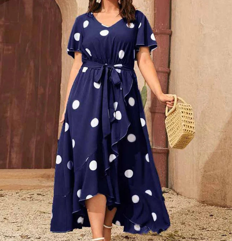 Plus size Novo vestido minimalista de bolinhas com vestido estampado de cintura elástica