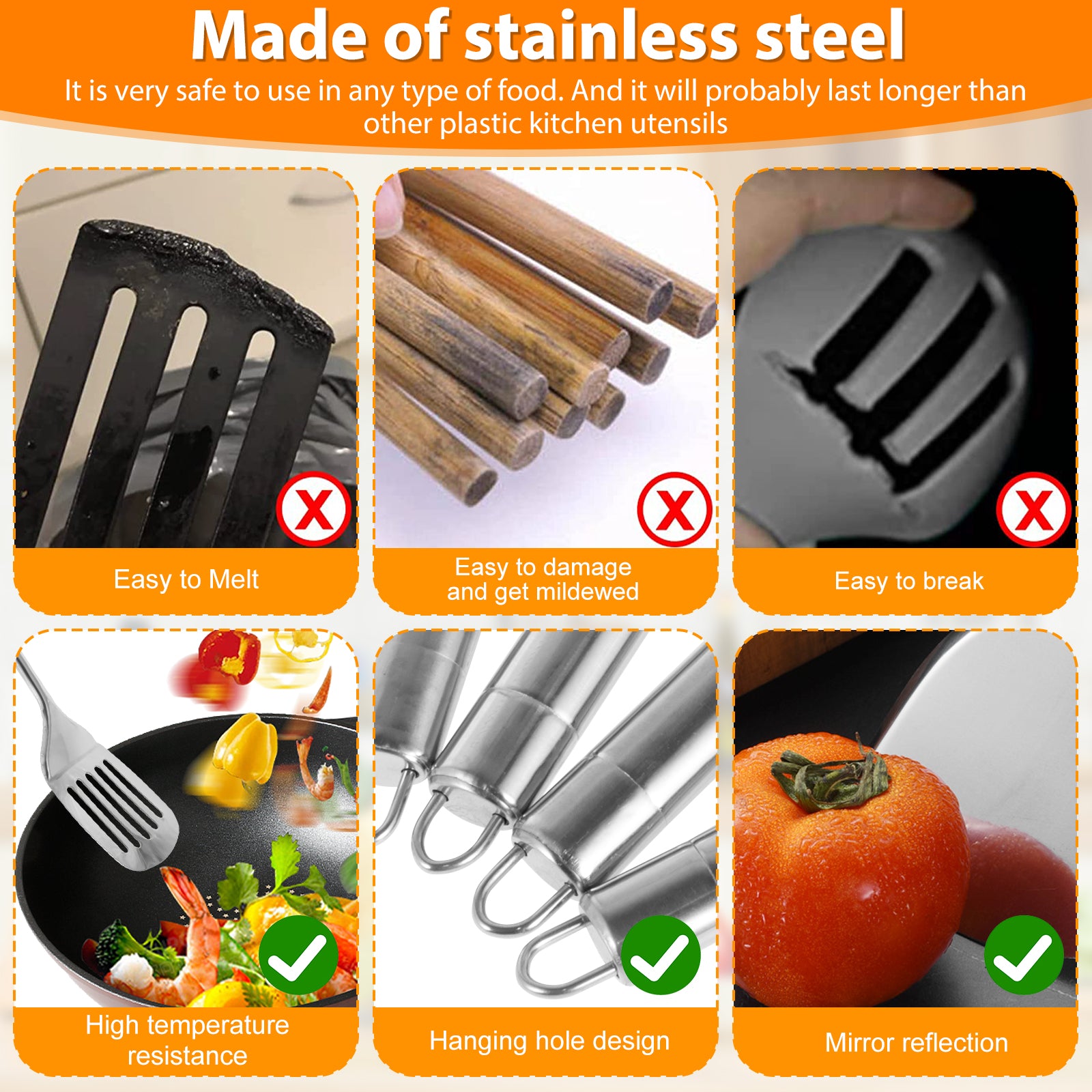 Juego de utensilios de cocina de 5 uds, cucharas de acero inoxidable, espátula con mango ergonómico, utensilios de cucharas lavables resistentes