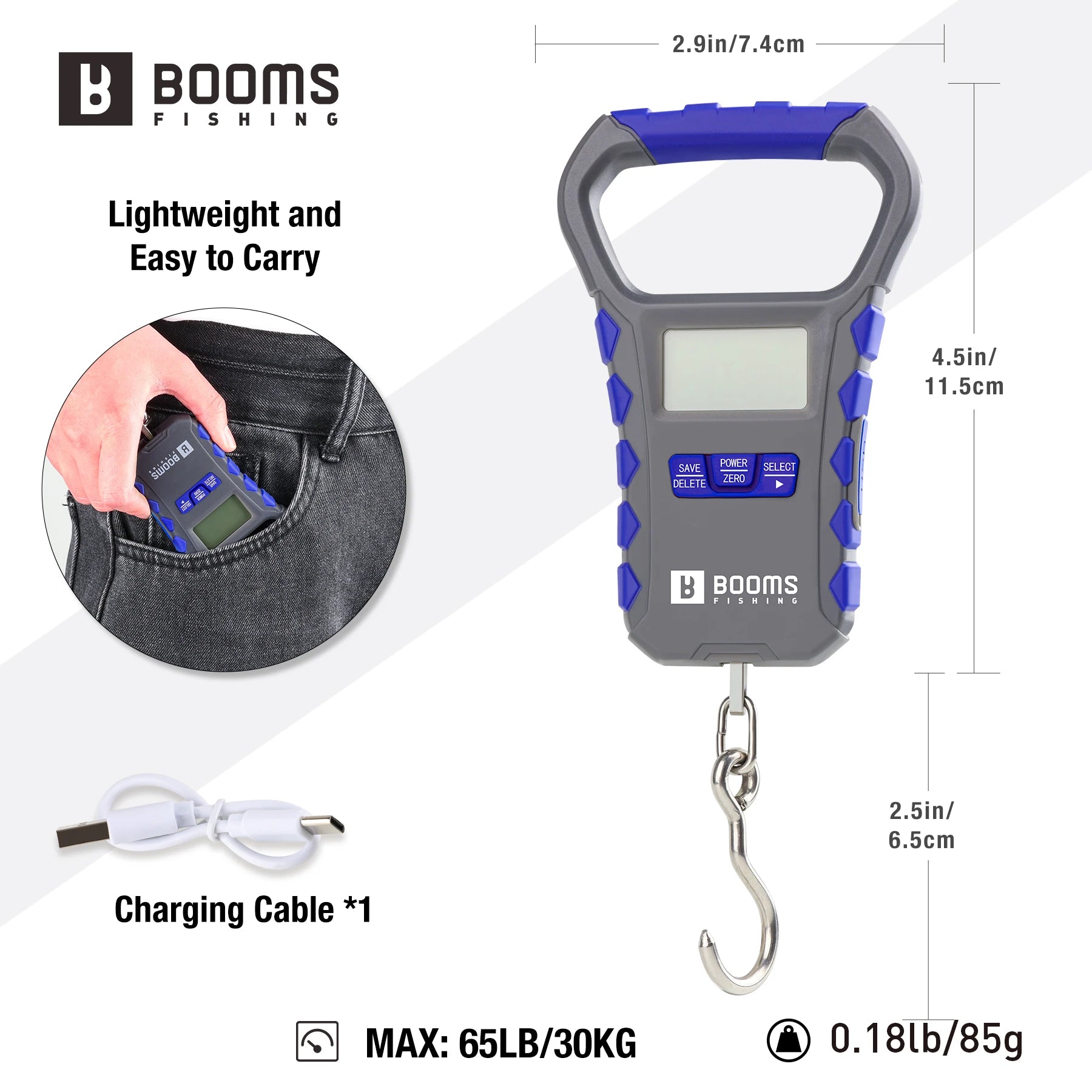 Booms Fishing 65LB/30KG LCD Rechargeable Digital Fishing Scale Portable Luggage Scale and 24cm Fish Lip Gripper Fishing Tool Set