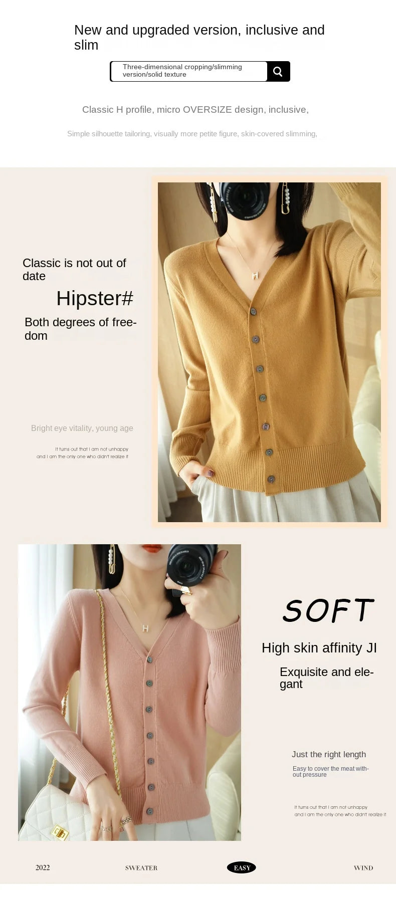 Cárdigan de punto de cachemira Andy de otoño, nuevo, con cuello en V, color liso, moderno, de alta calidad, cómodo, holgado e informal - GH021