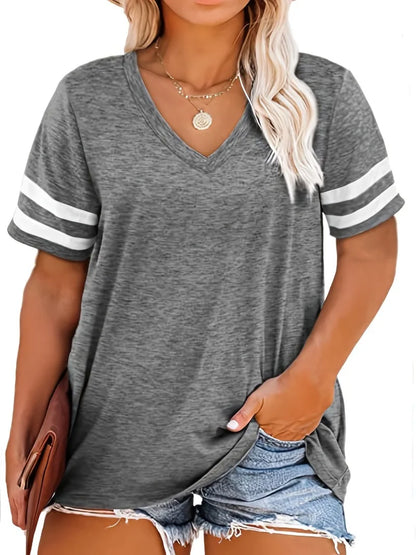 Feminino plus size 1xl-8xl casual com decote em v manga curta cor sólida solta camiseta esportes ao ar livre topo roupas femininas