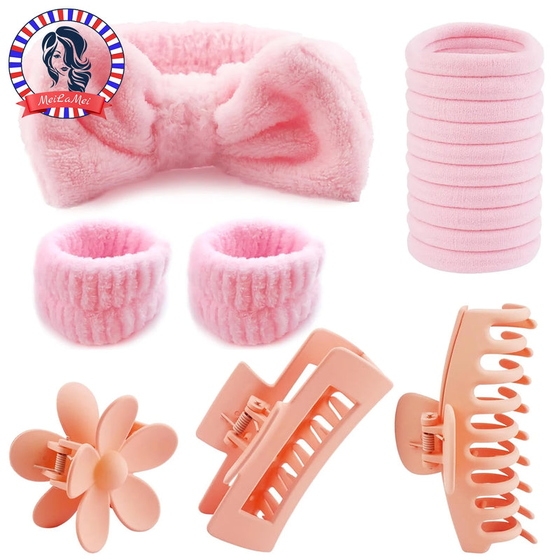 16 Pcs Face Wash Headband Wristband Hair Clips Ponytail Holders Set Soft Spa Bowknot Headband Hair Claw Clips Elastics Hair Tie