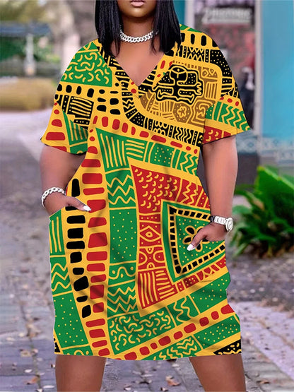 Plus size africano impresso decote em v manga curta vestido casual oversized t camisa vestidos de manga curta melhor para o verão