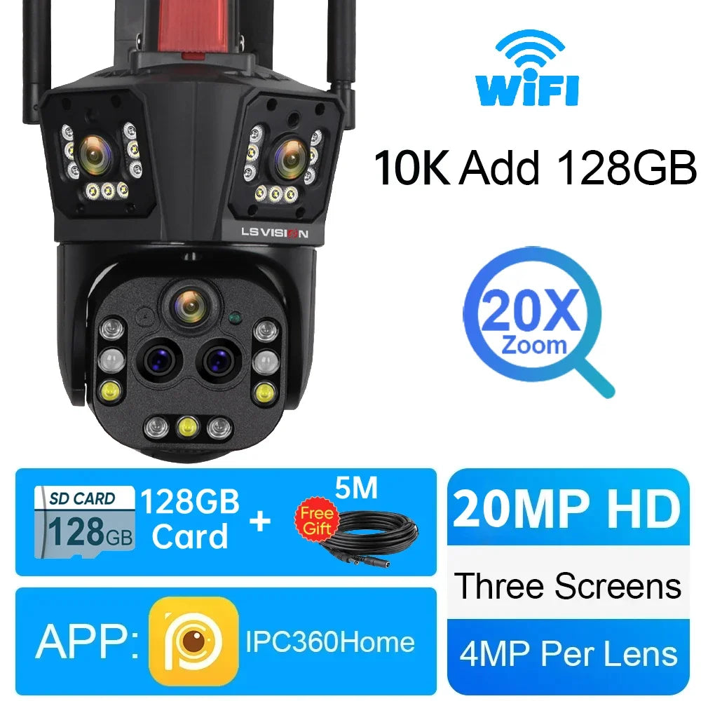 LS VISION 10K Outdoor WiFi Camera 20X Zoom Three Screen CCTV External IP Cam 20MP Security Ai Tracking Video Surveillance Camera