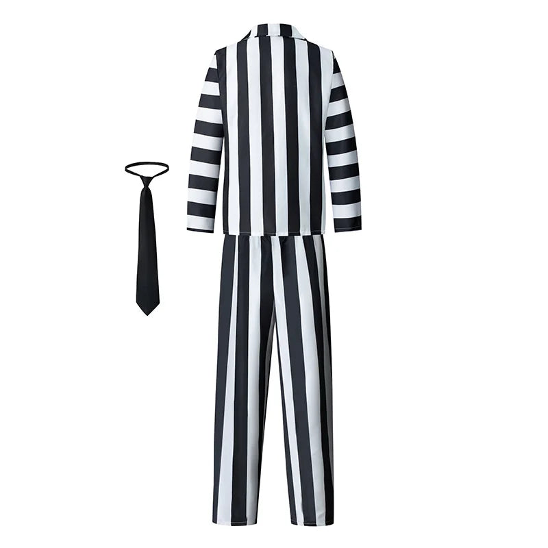 Explosivo Hades Master Beetle Juice Beetle Juice 2 Disfraz de juego de rol con patrón blanco y negro para adultos
