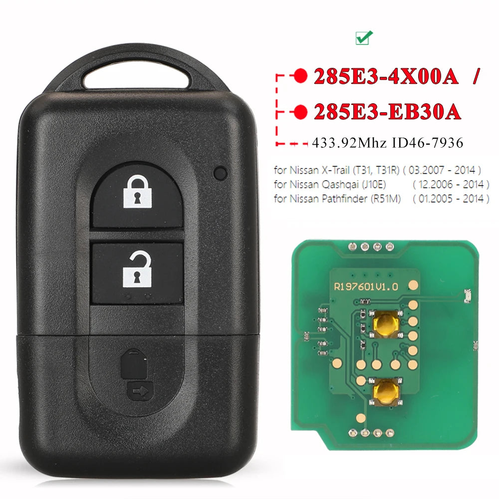 jingyuqin Keyless Remote key 433MHz ID46/4D60 for Nissan X-trail Qashqai Pathfinder Micra NV200 285E3-4X00A /EB30A/ AX605/BC00A