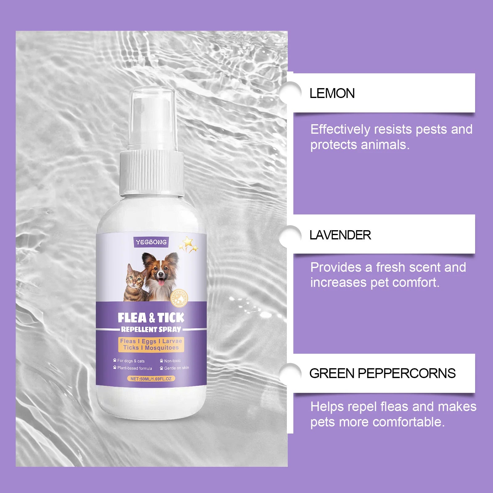 YEGBONG 50ml Flea Tick Prevention Spray for Dogs and Cats Fast-Acting Waterproof Outdoor Protection with Natural Essential Oils