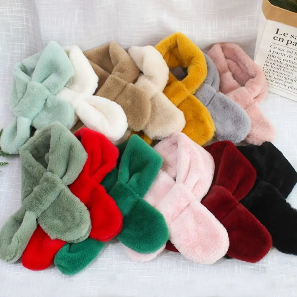 Children Boys Girls Winter Warm Thicken Cross Collar Scarf Solid Color Faux Rabbit Fur Plush Cute Shawl Scarfs