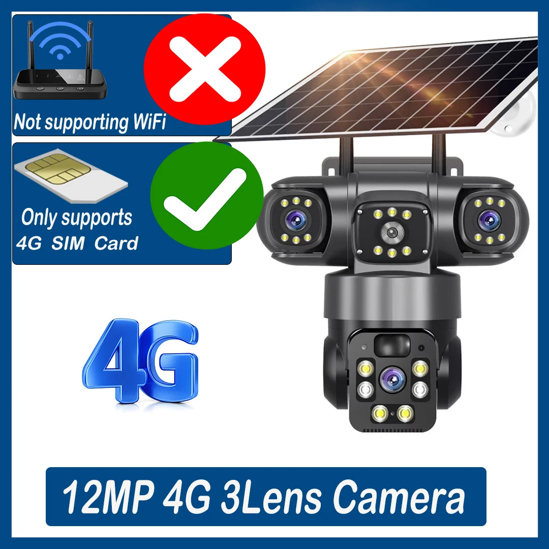 12MP 6K 3 Lens 3 Screen 4G Outdoor Solar Camera Wireless WiFi IP Cameras PIR Auto Tracking Solar Security CCTV Surveillance Cam