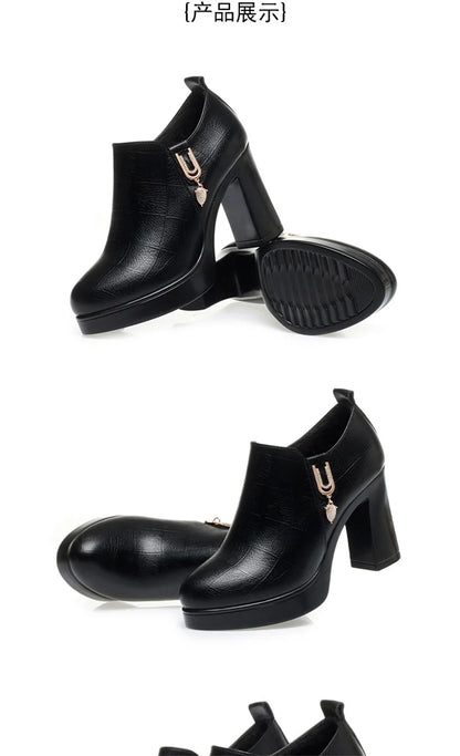 Comfortable Deep Mouth Soft Leather Anti-slip  Shoes Platform Spring 2024 Women's Block Black High Heels Office Mother Shoes