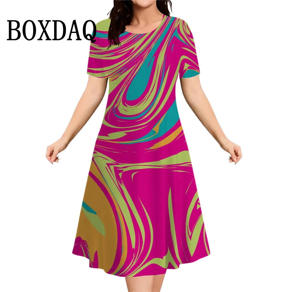 Women's Casual Fashion Plus Size Short Sleeve Print Dress Summer 2026 Abstract Elegant Dresses Female Daily Basic Dress Vestidos