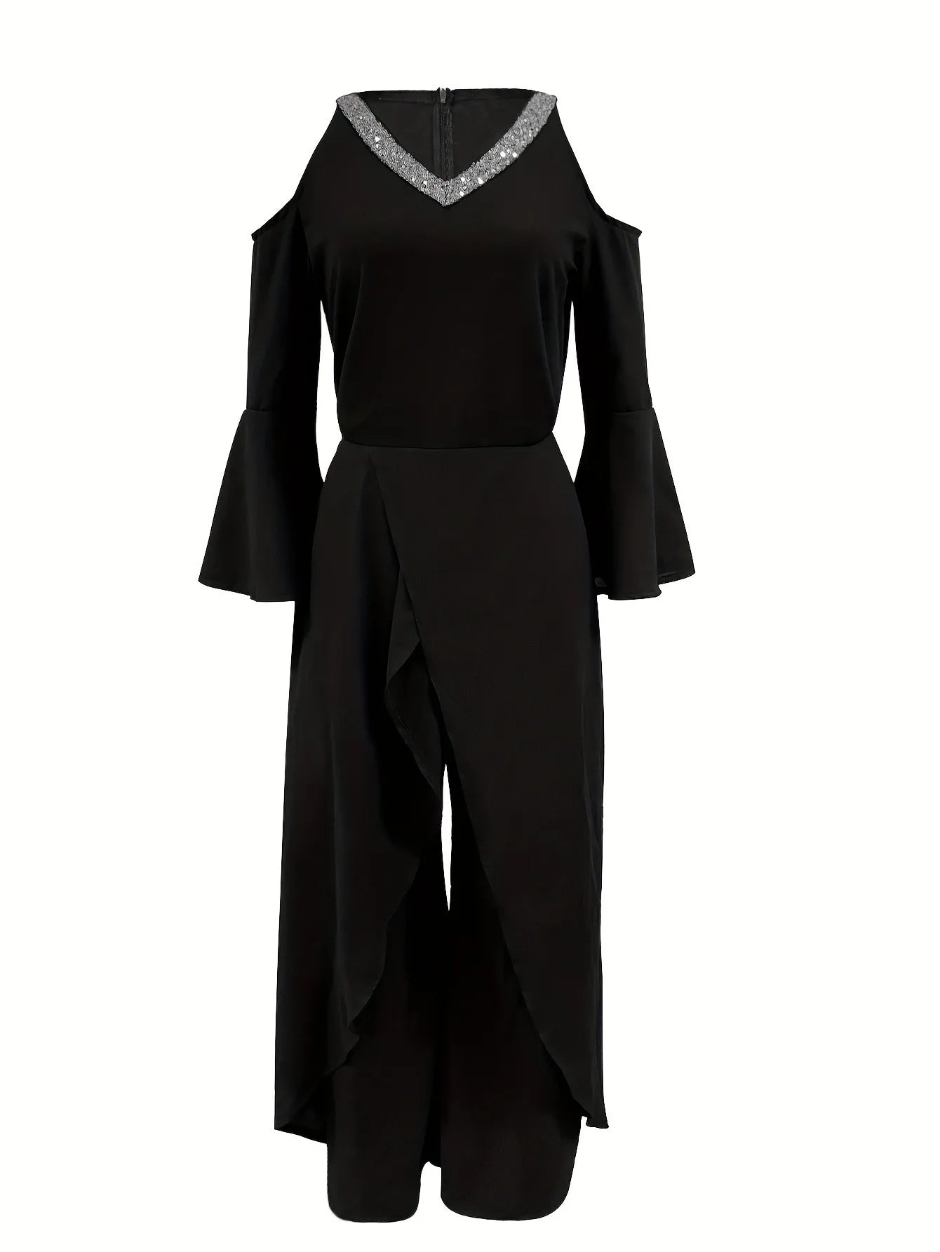 Mono elegante de mujer con escote en V liso y lentejuelas, pierna ancha y mangas acampanadas sueltas