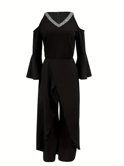 Mono elegante de mujer con escote en V liso y lentejuelas, pierna ancha y mangas acampanadas sueltas
