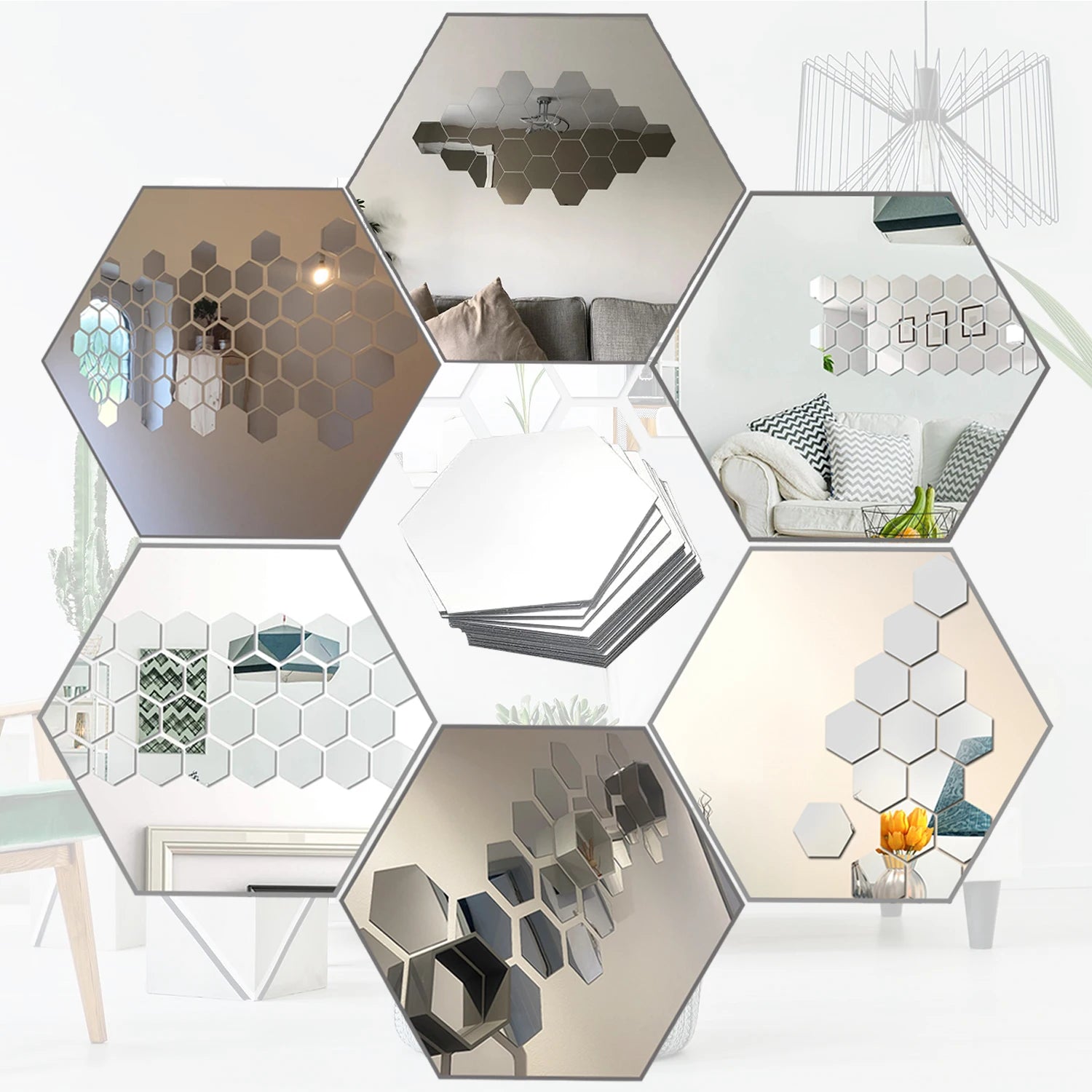 5-20pcs Hexagon Mirror Wall Tiles, Self-Adhesive Peel & Stick Decor for Living Room TV Background, Bedroom, Bathroom