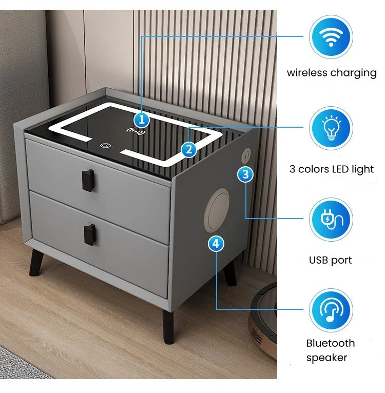 Nordic Style Smart Bedside Table with 2 Drawers 50cm Leather Nightstands with Wireless Charging Home Side Cabinet with USB