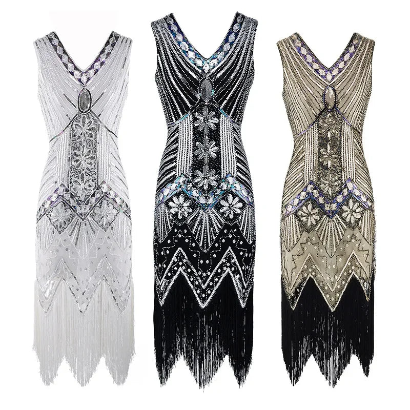 Mandylandy Women Vintage Dress Retro 1920s Great Gatsby Dress Sequin Flapper Sleeveless Dancing Party Prom Tassel Hem Dress