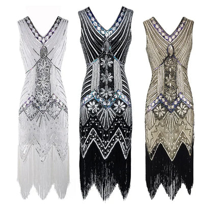 Mandylandy Women Vintage Dress Retro 1920s Great Gatsby Dress Sequin Flapper Sleeveless Dancing Party Prom Tassel Hem Dress