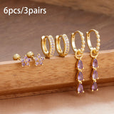 6PCS Cubic Zirconia Stainless Steel 14K Gold Plated Water Drop Earrings Five-Petaled Flowers ear stud For Women Set Jewelry Gift