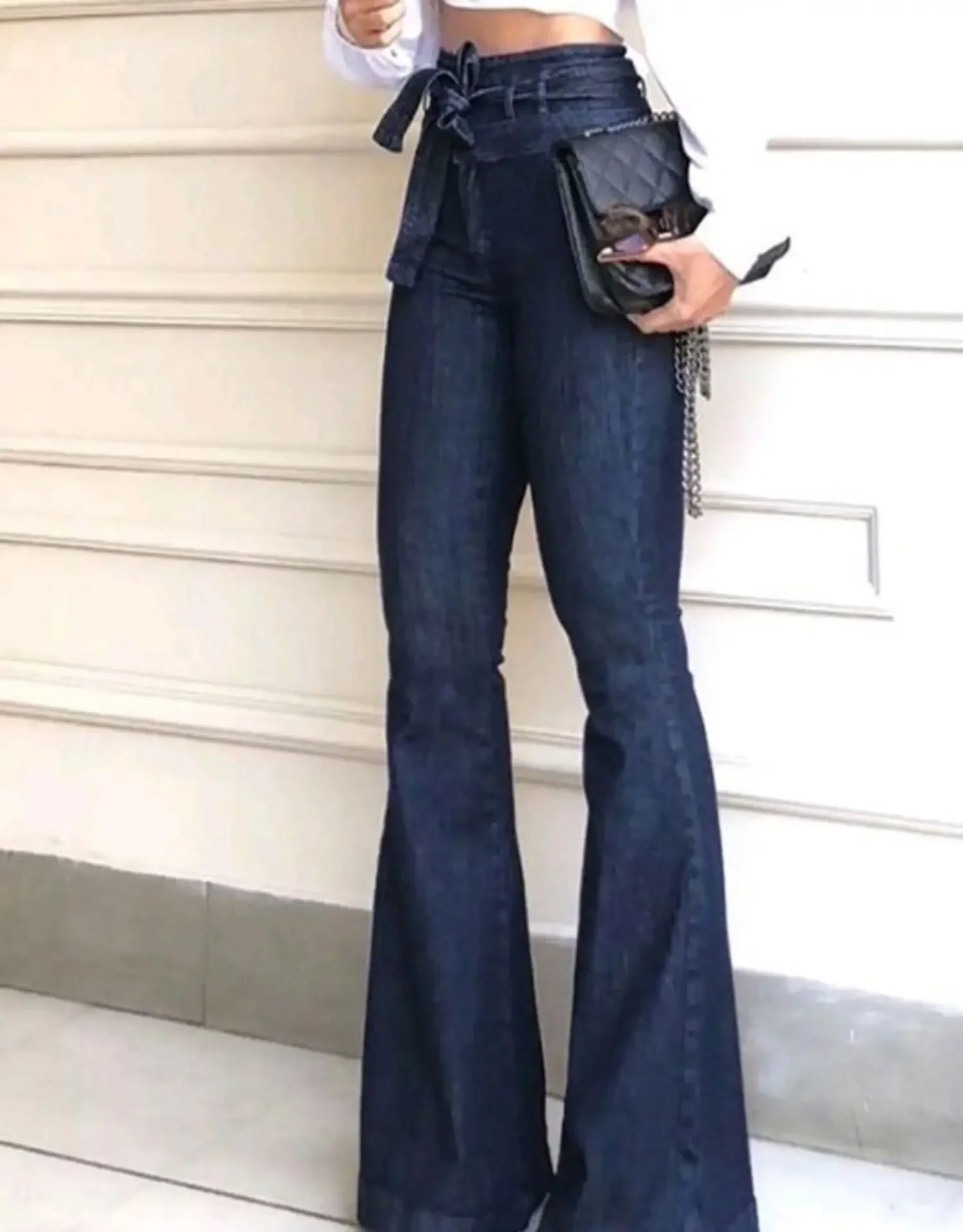 Pantalones vaqueros de mujer, de color liso, de cintura alta, acampanados, con cremallera, bolsillos planos, ropa de calle, ajustados, con botones y cinturón ligeramente elástico
