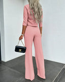 Elegante conjunto de dos piezas de color liso para mujer, traje de oficina, top corto informal y pantalones de cintura alta, otoño 2024