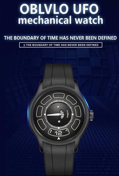 OBLVLO BLM-UFO Unique UFO-Shaped Automatic Watch with Luminous Silicone Strap And Steel Bracelet Waterproof Mechanical Timepiece