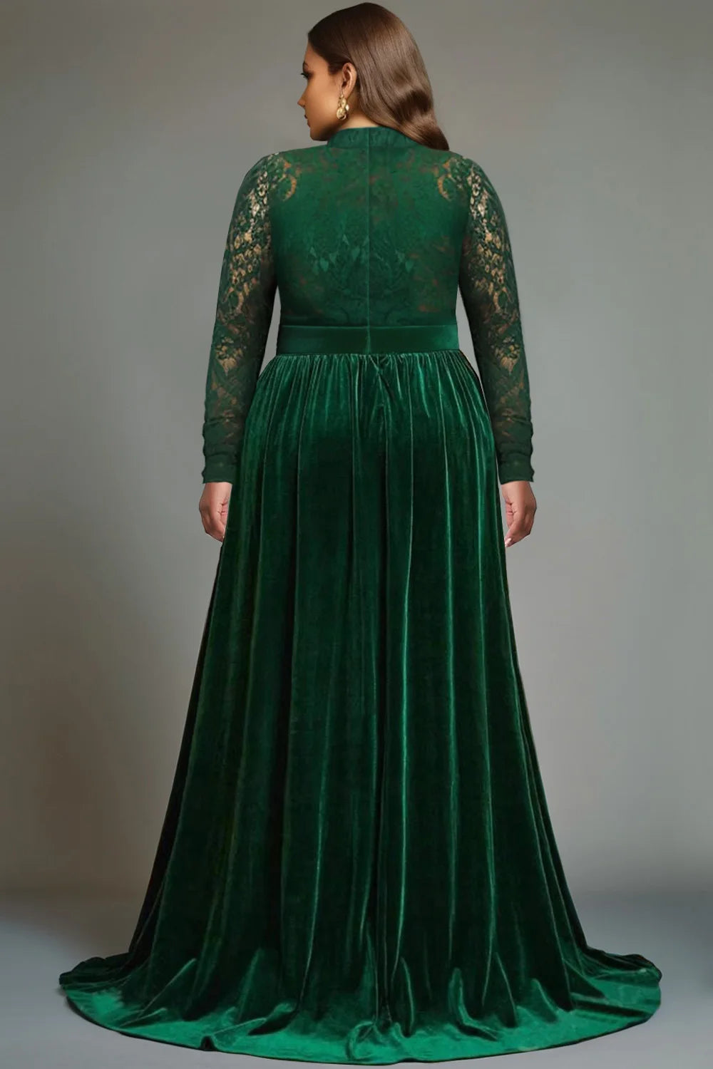 Plus Size Formal Emerald Green V Neck Long Sleeve Split See Through Lace Velvet Maxi Dresses