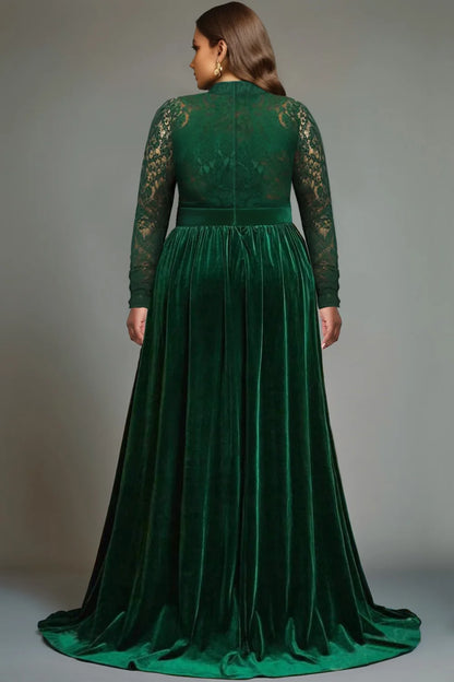 Plus Size Formal Emerald Green V Neck Long Sleeve Split See Through Lace Velvet Maxi Dresses
