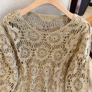 Casual Long Sleeve Elegant cardigan Beading O-neck Chic Vintage Hook Flower Hollow Out Top Plus Size Clothing