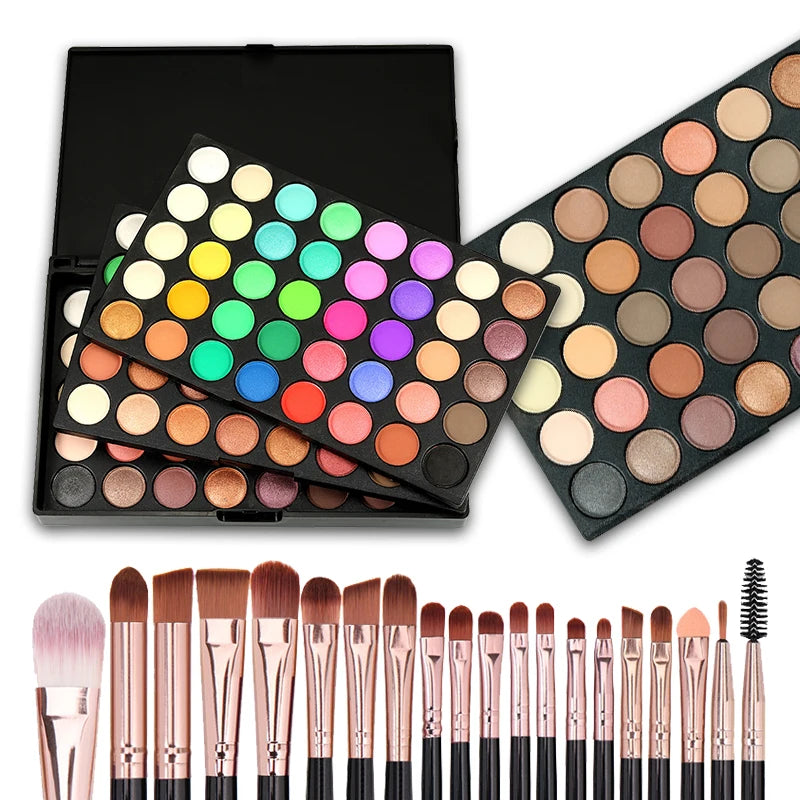 Paleta de sombras fosca brilhante, 120 cores, natural, à prova d'água, duradoura, conjunto de maquiagem com 20 pincéis de maquiagem, kit de cosméticos
