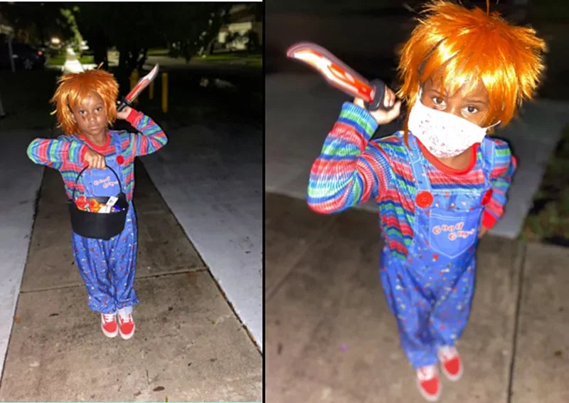 Halloween Chucky Costume Child Bib Pants Play Includes Jumpsuit Scary Halloween Horror Cosplay Giveaway Scar Stickers