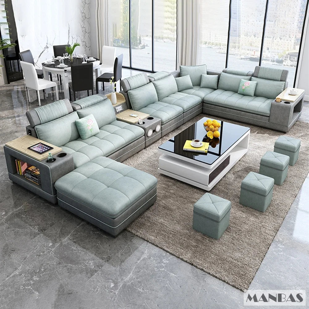 Conjunto de sofás nórdicos de tela MINGDIBAO con altavoz Bluetooth y USB - Sofás modulares modernos para sala de estar, sofá esquinero grande de tela en forma de U