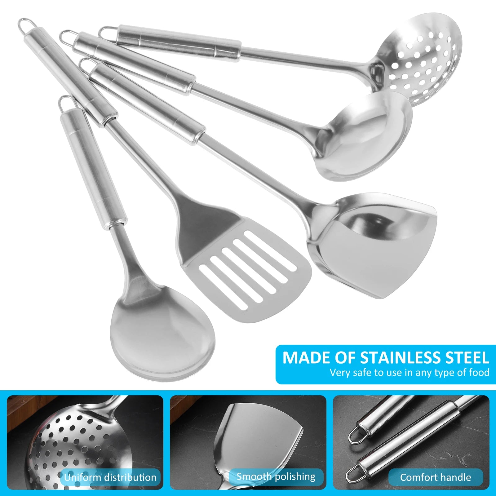 Juego de utensilios de cocina de 5 uds, cucharas de acero inoxidable, espátula con mango ergonómico, utensilios de cucharas lavables resistentes