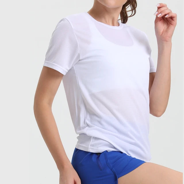 T-shirt desportiva de secagem rápida para mulher, cor sólida, ultraleve, respirável, leve, para corrida e ginásio