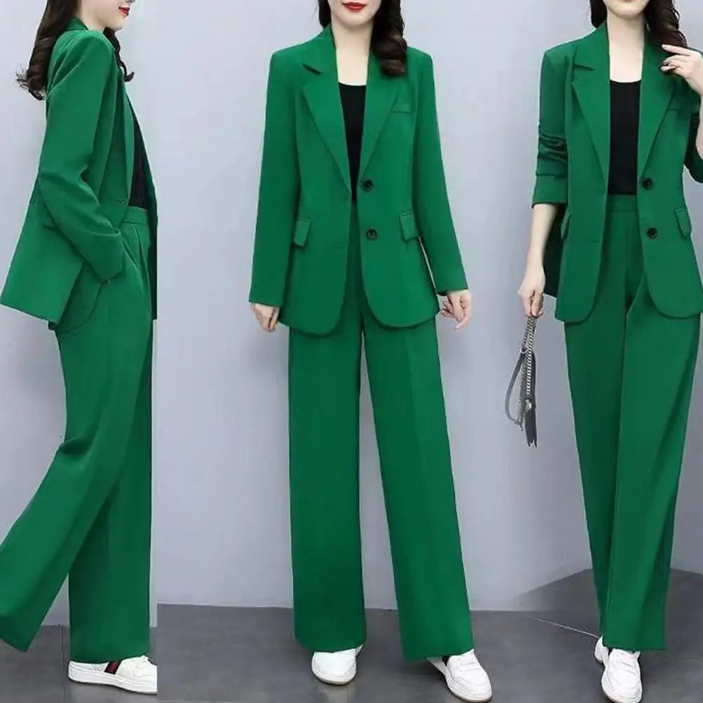 Breathable Two-Piece Set Elegant Women's Business Suit Set with Lapel Button Closure Cardigan Wide Leg Trousers Formal for Plus