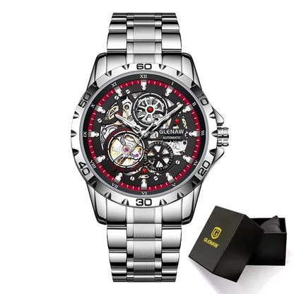 GLENAW Steampunk Skeleton - Reloj para hombre, anillo, relojes mecánicos automáticos de lujo, luminosos, resistentes al agua, correa de acero inoxidable