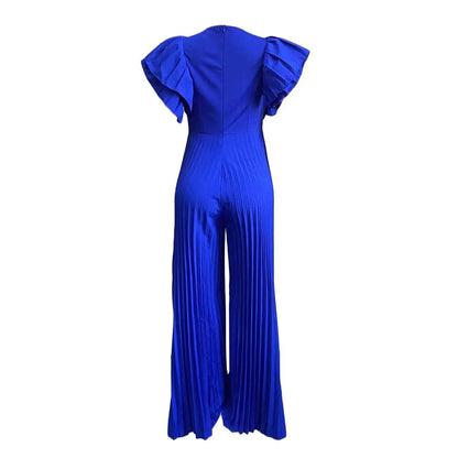 Elegant Pleated Jumpsuits & Rompers for Women V Neck Ruffles High Waisted Loose Floor Length Luxury Female Birthday Party Romper
