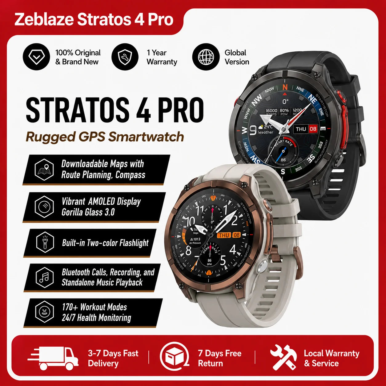 2026 Zeblaze Stratos 4 Pro Gps Smart Watch 1.43'' Amoled Display Dual Color Flashlight Music Storage 170+ Exercise Modes Smartwatch