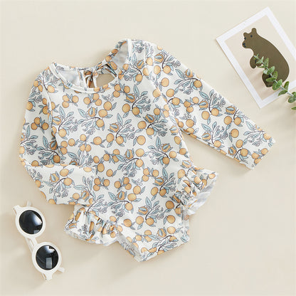 Traje de baño de verano para niñas pequeñas, estampado floral, sin espalda, con volantes, manga larga, ropa de playa para niñas de 0 a 4 años