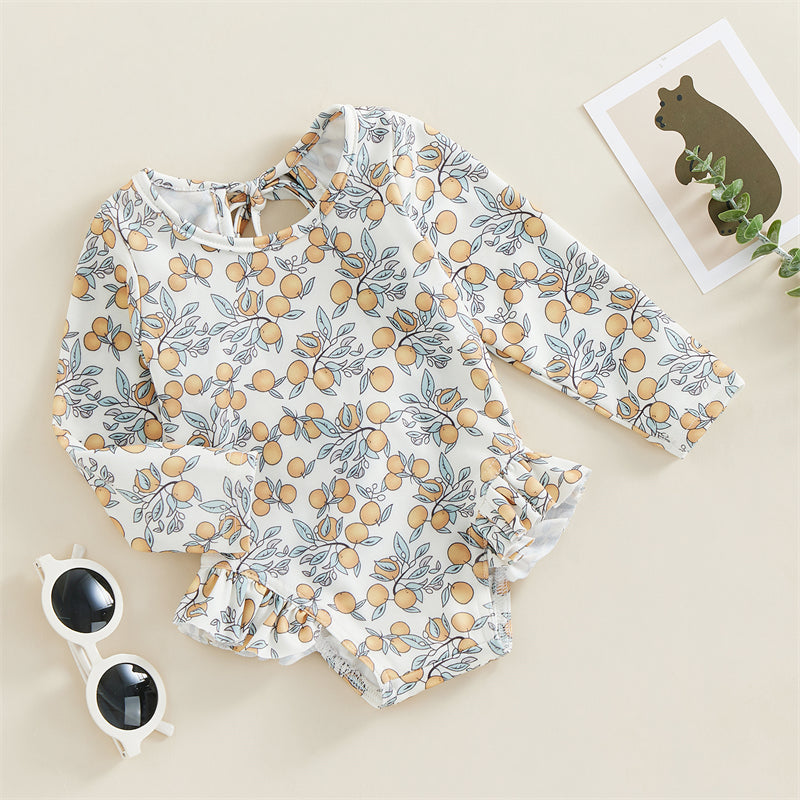 Kids Baby Girl Summer Swimwear Floral Print Backless Ruffles Long Sleeve Bodysuit Bathing Suit Girls Beachwear 0-4 Years