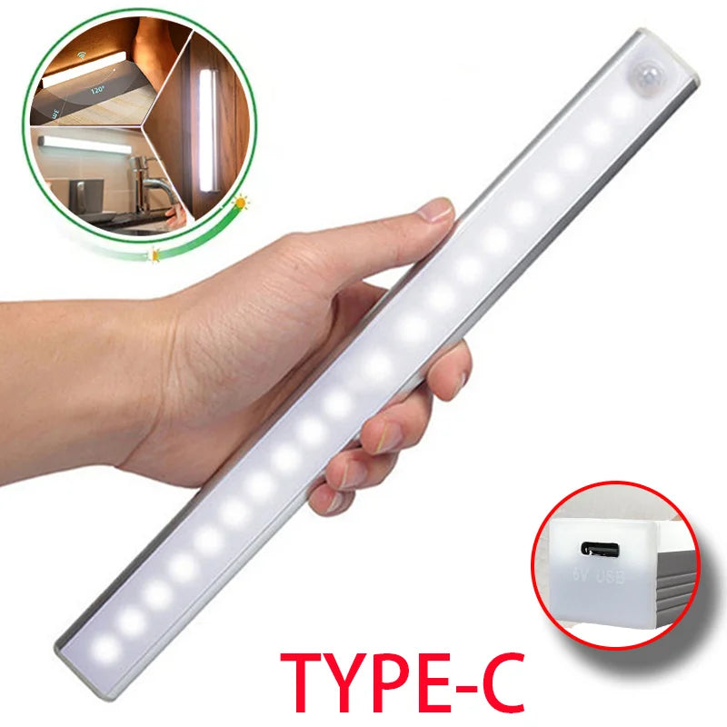 Luz LED Noturna Sem Fio com Sensor de Movimento e Recarregamento Tipo C – Iluminação para Armários, Guarda-roupas, Escadas e Cozinha