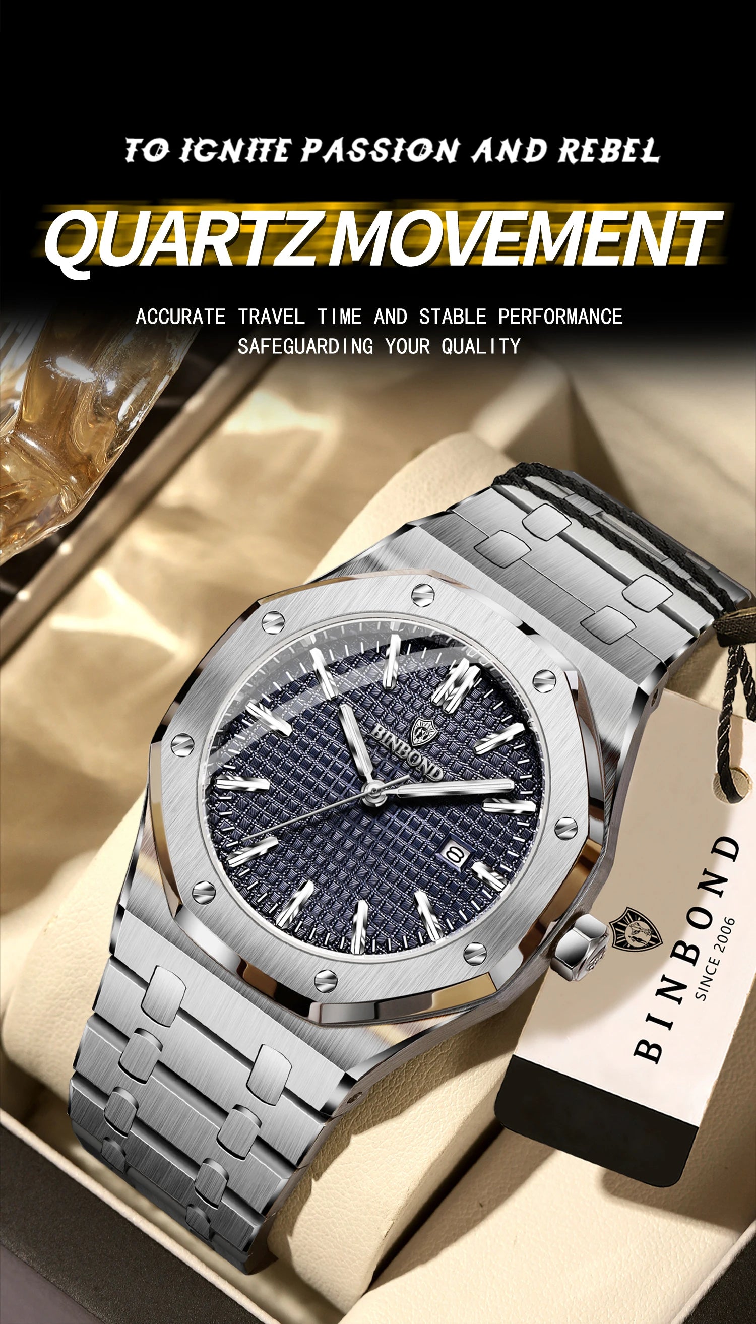 BINBOND Sturdy Stainless Steel Strap Quartz Wristwatches for Men Luxury Luminous Waterproof Auto Date Accurate Men's Watch Reloj