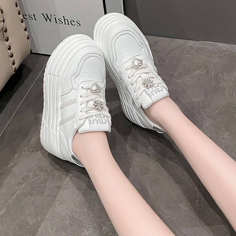 8cm Leather Flats Casual Dad Shoes Chunky Sneakers 2025 Women Platform Sports Shoes Ladies Skateboard Hidden Heels Shoes Tennis
