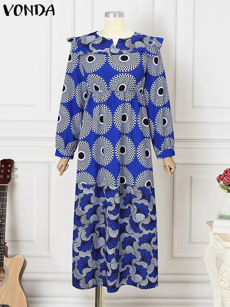 Vestido largo con estampado bohemio VONDA de talla grande 5XL para mujer, manga larga tipo farol, elegante, cuello en V, para vacaciones