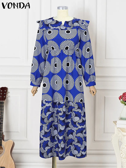 Vestido largo con estampado bohemio VONDA de talla grande 5XL para mujer, manga larga tipo farol, elegante, cuello en V, para vacaciones