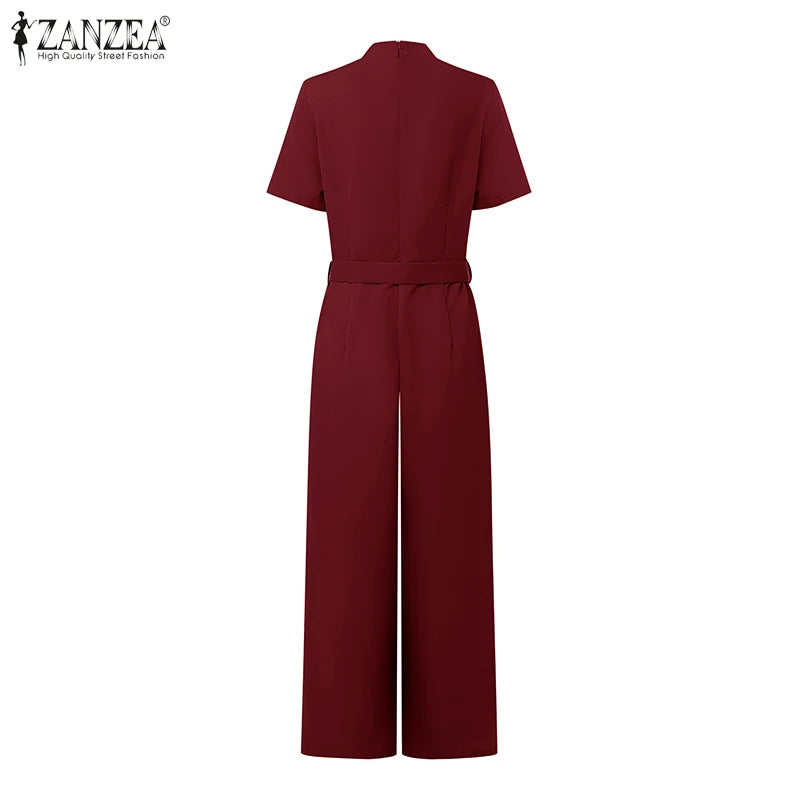 ZANZEA Street Fashion High Waist Jumpsuits Women Workwear Belt Rompers Solid Deep V Neck Elegant Office Lady Long Overalls