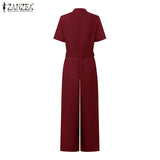 ZANZEA Street Fashion High Waist Jumpsuits Women Workwear Belt Rompers Solid Deep V Neck Elegant Office Lady Long Overalls