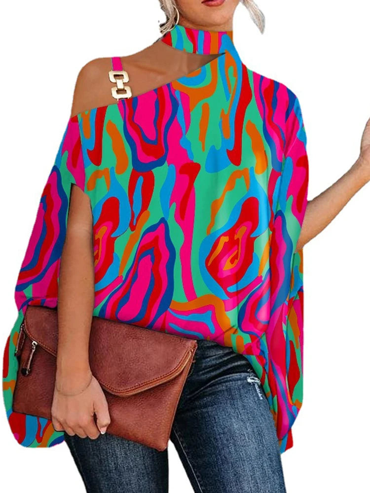 Mujer hebilla de Metal fuera del hombro corto Batswing estampado Floral geométrico blusa suelta Tops verano señora OL blusa camisas