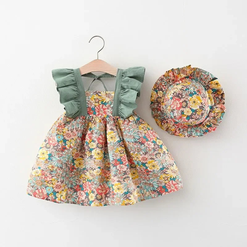 Vestido de verano para niña con tirantes y flores fragmentadas, sin mangas, de princesa, para recién nacida de 0 a 3 años, incluye gorro.