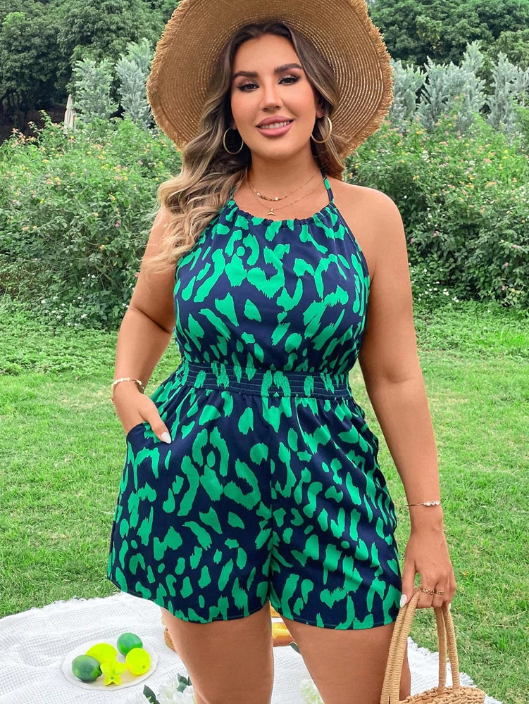 Mono de verano holgado e informal con cuello halter, espalda descubierta y diseño aerodinámico para mujer de talla grande 