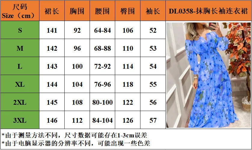 Women's Dresses 2022 Summer Vintage Print Off The Shoulder Casual V Neck Long Sleeved Waist Slim Maxi Dress